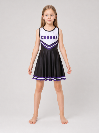 Cheerleading costume with pom-poms, dress, and leg warmers