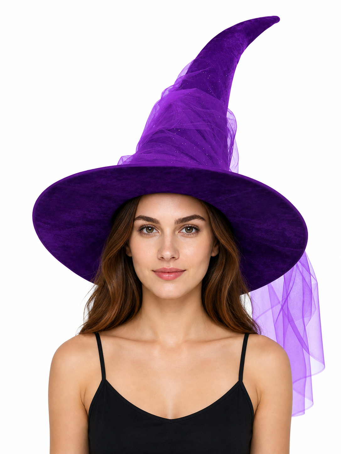 1pc Purple Halloween Witch Hat Wide Brim Crooked Pointed Crown With Sheer Mesh Veil Glitter Detail Costume Accessory