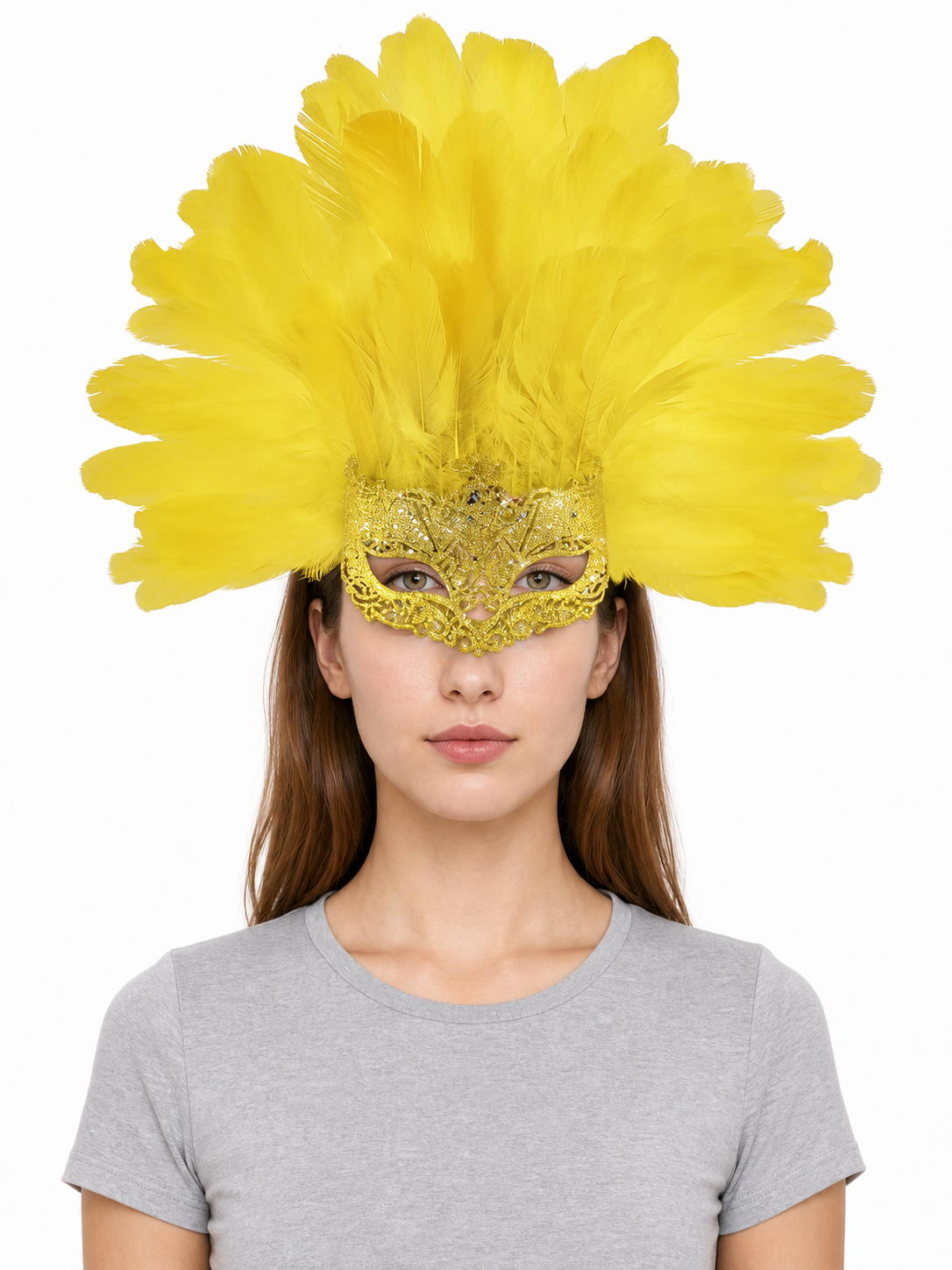Carnival Mask with Yellow Feathers and Glitter