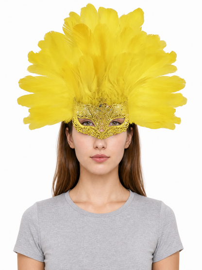 Carnival Mask with Yellow Feathers and Glitter