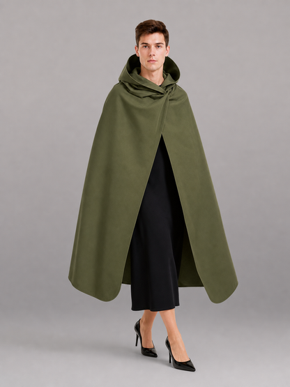 Medieval Hooded Cloak, Olive Green Full-Length Cape with Pointed Hood and Front Tie for Cosplay and Role-Playing