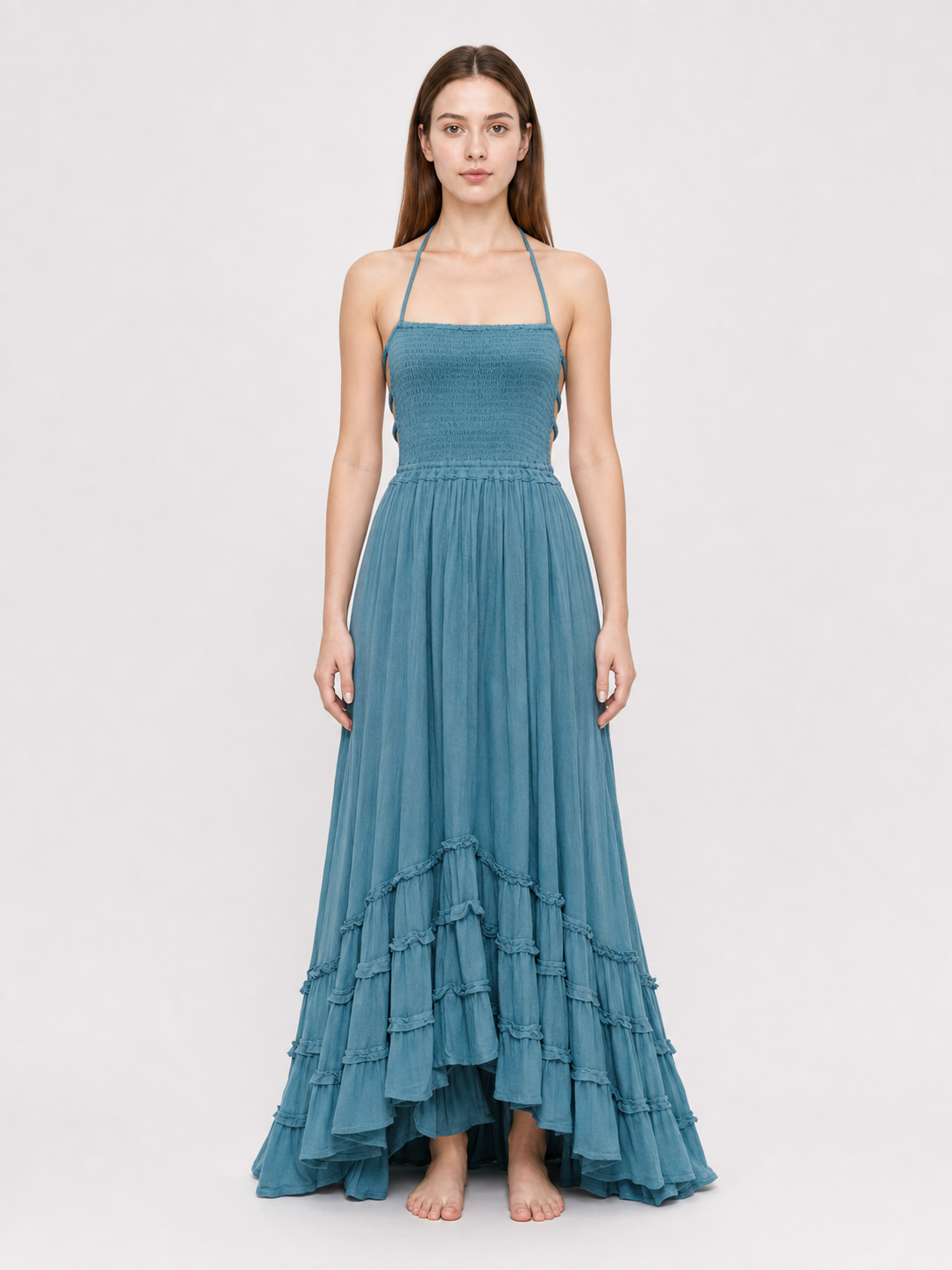 Boho Maxi Dress with Open Back and Tiered Ruffles