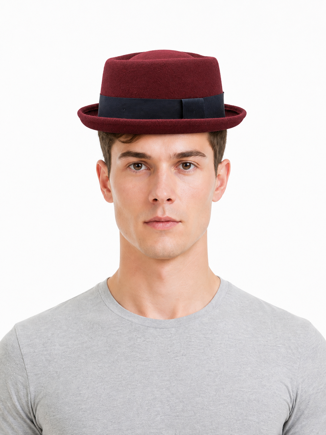 Burgundy carnival fedora hat with a dark band