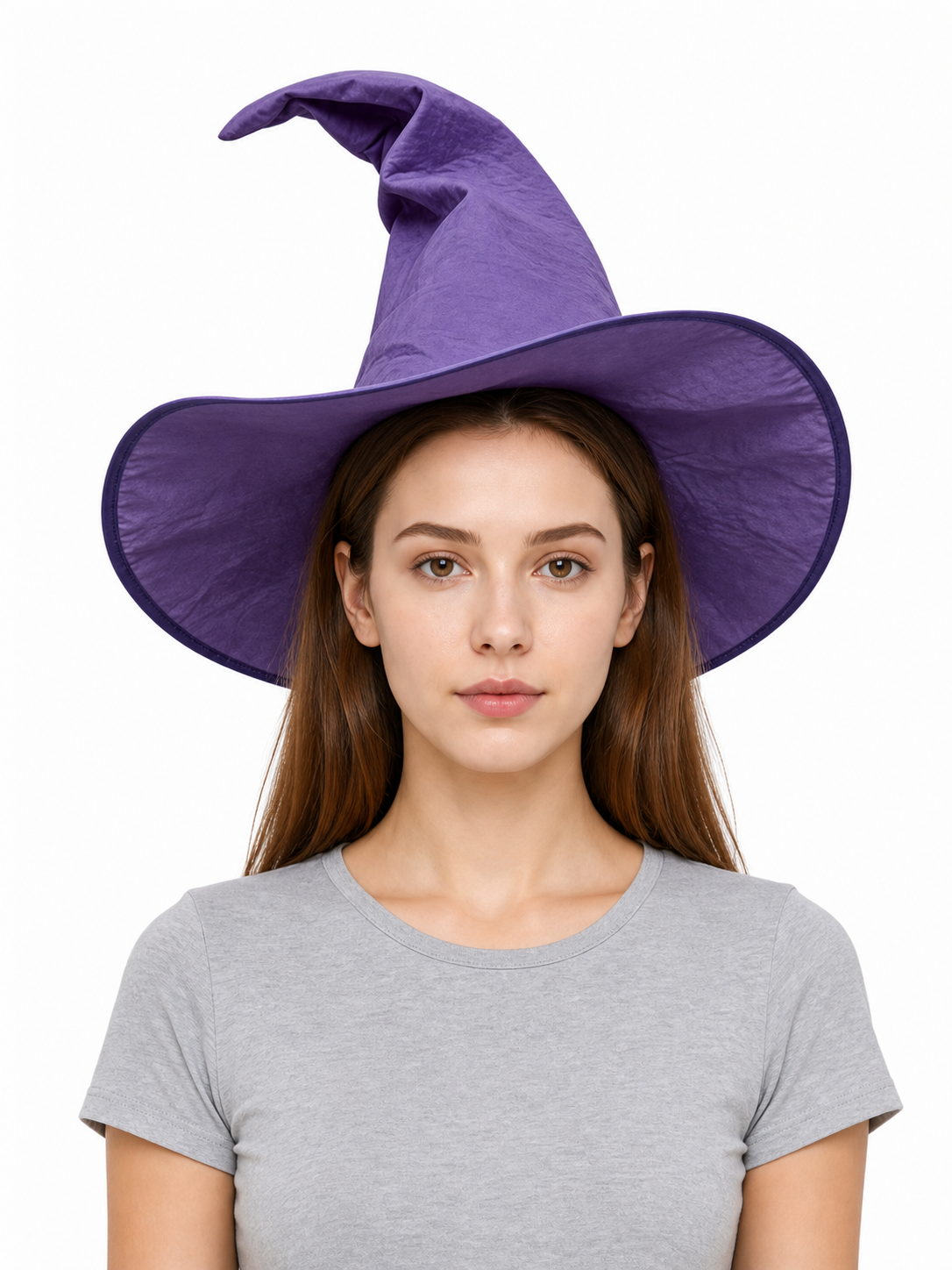Purple pointed witch hat shown from the front on a model wearing a gray shirt