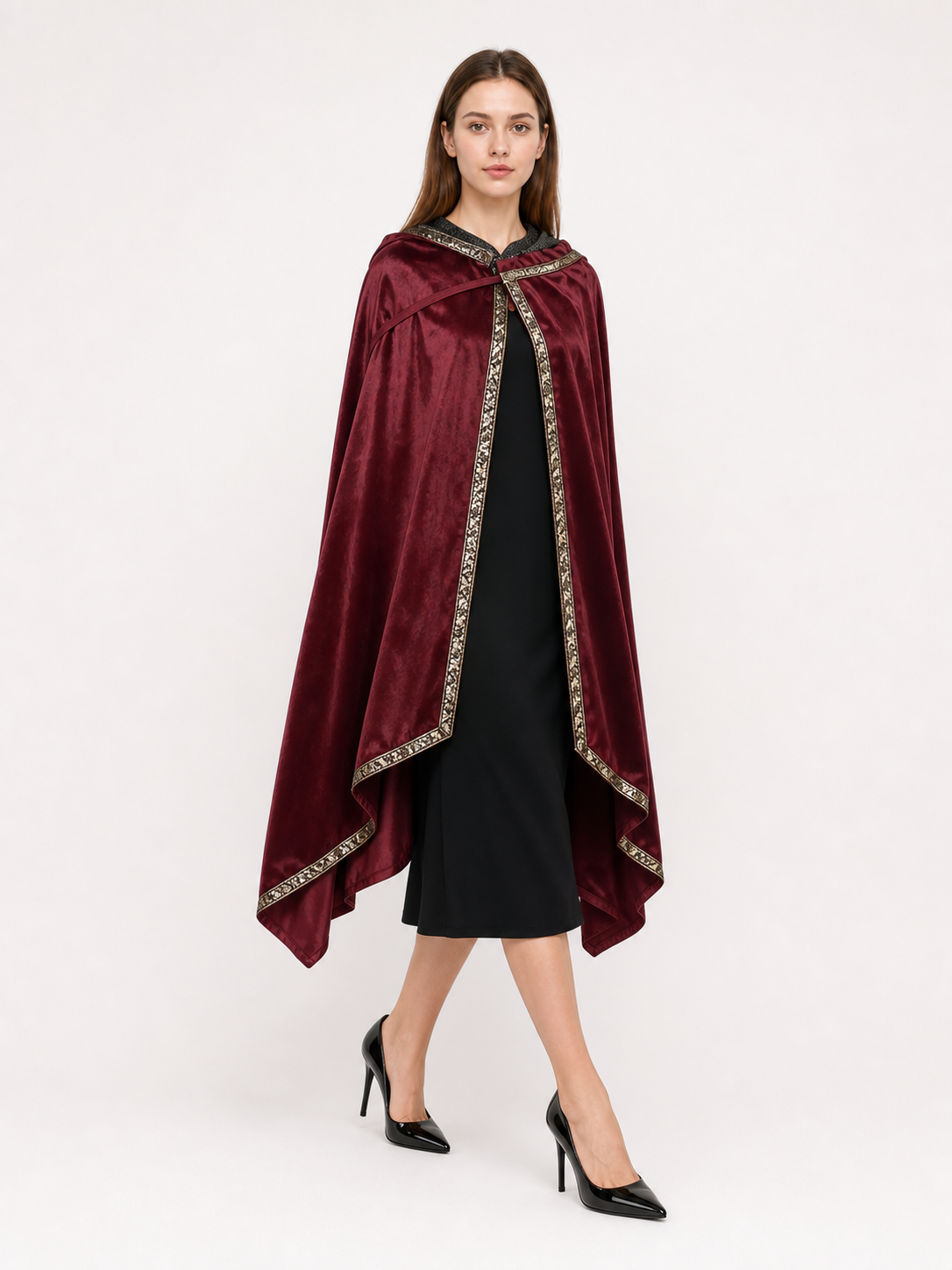 Burgundy velvet-look hooded costume cape product view 25