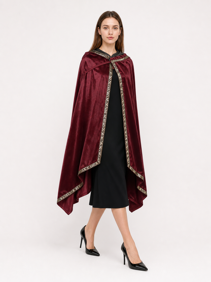 Burgundy velvet-look hooded costume cape product view 25
