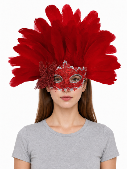 Red feather masquerade half mask product view 20