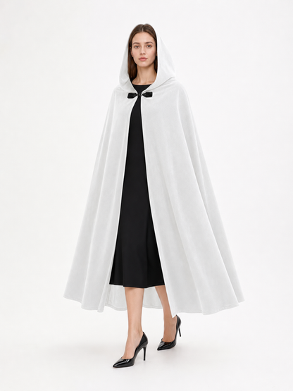 Medieval White Velvet Hooded Long Cloak Cape with Black Bow Tie Front Flared Hem front view 2
