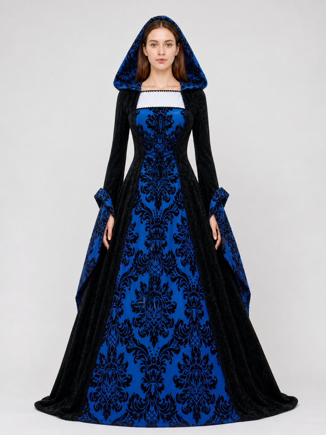 Gothic Hooded Dress with Damask Pattern
