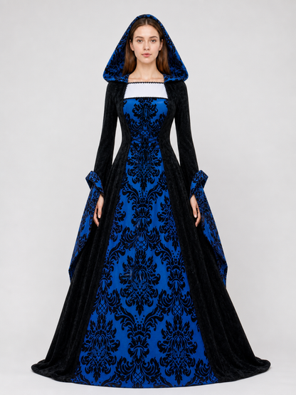 Gothic Hooded Dress with Damask Pattern
