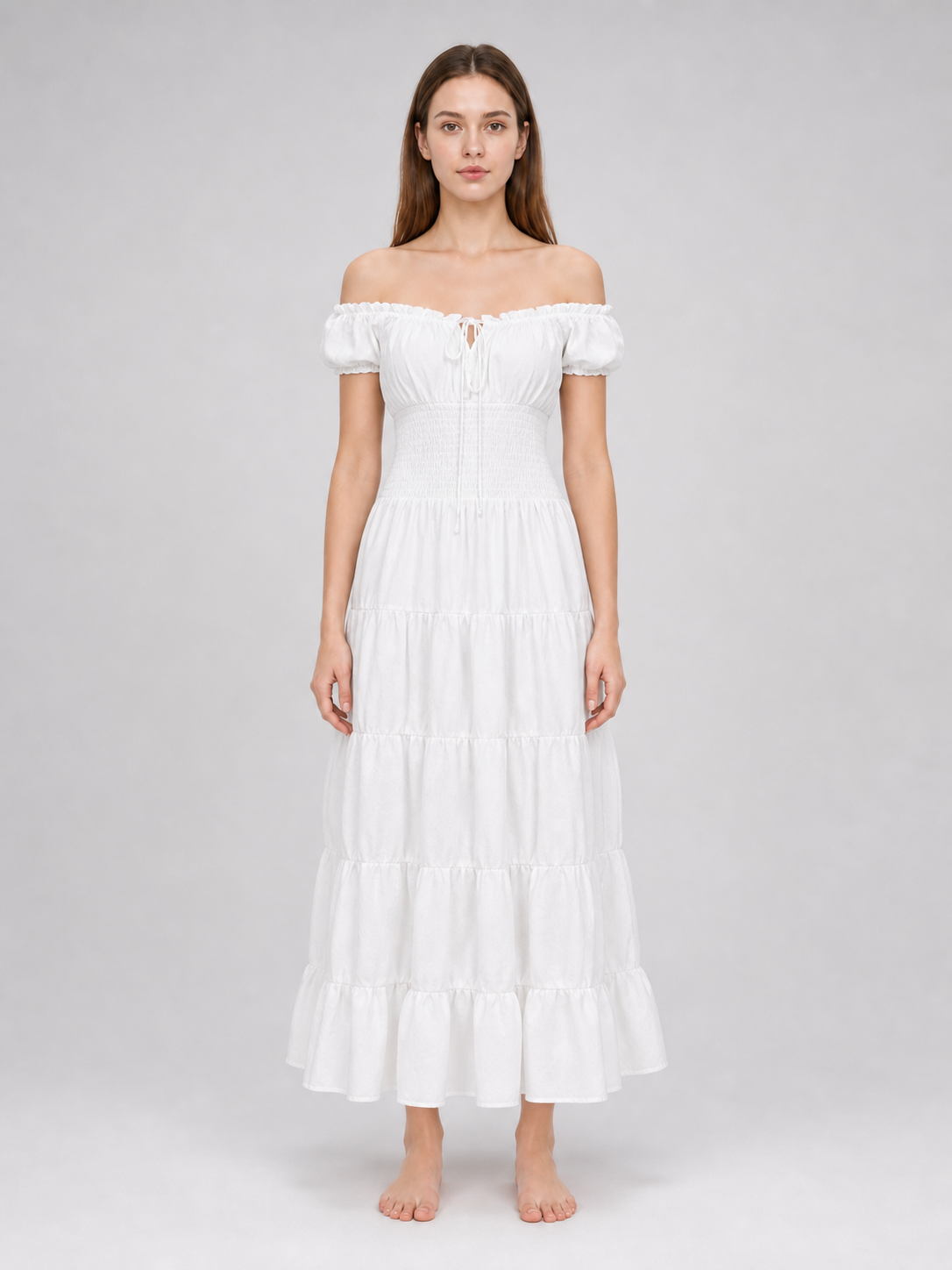 White Off-the-Shoulder Dress with Tiered Skirt