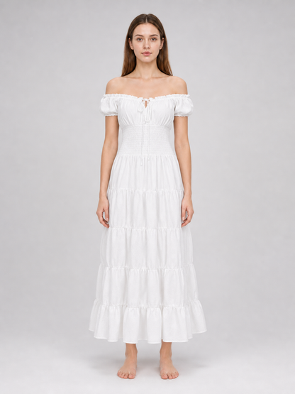 White Off-the-Shoulder Dress with Tiered Skirt