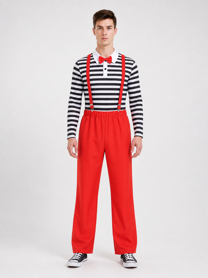 This bright clown costume is designed to create an expressive stage look and a festive transformation. The set includes a red cap with a short protruding crown, round glasses with red frames, a long-sleeve shirt with horizontal black-and-wh