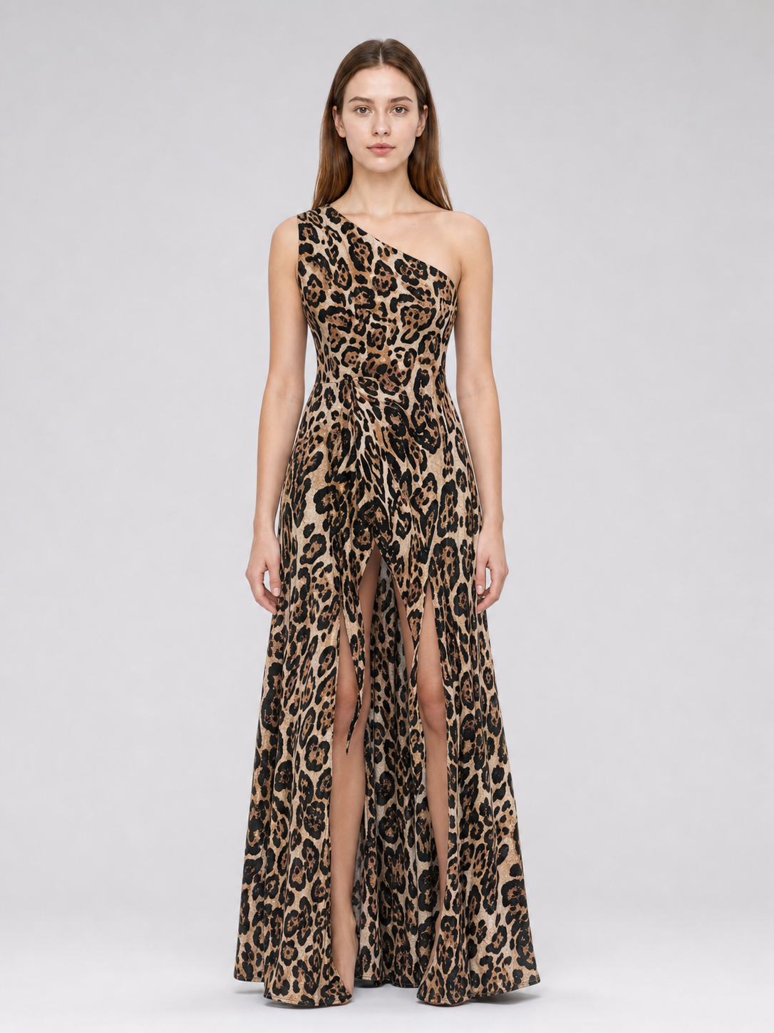 One-Shoulder Leopard Print Maxi Dress
