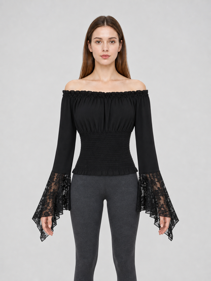 Black off-the-shoulder blouse with ruffles and long sleeves