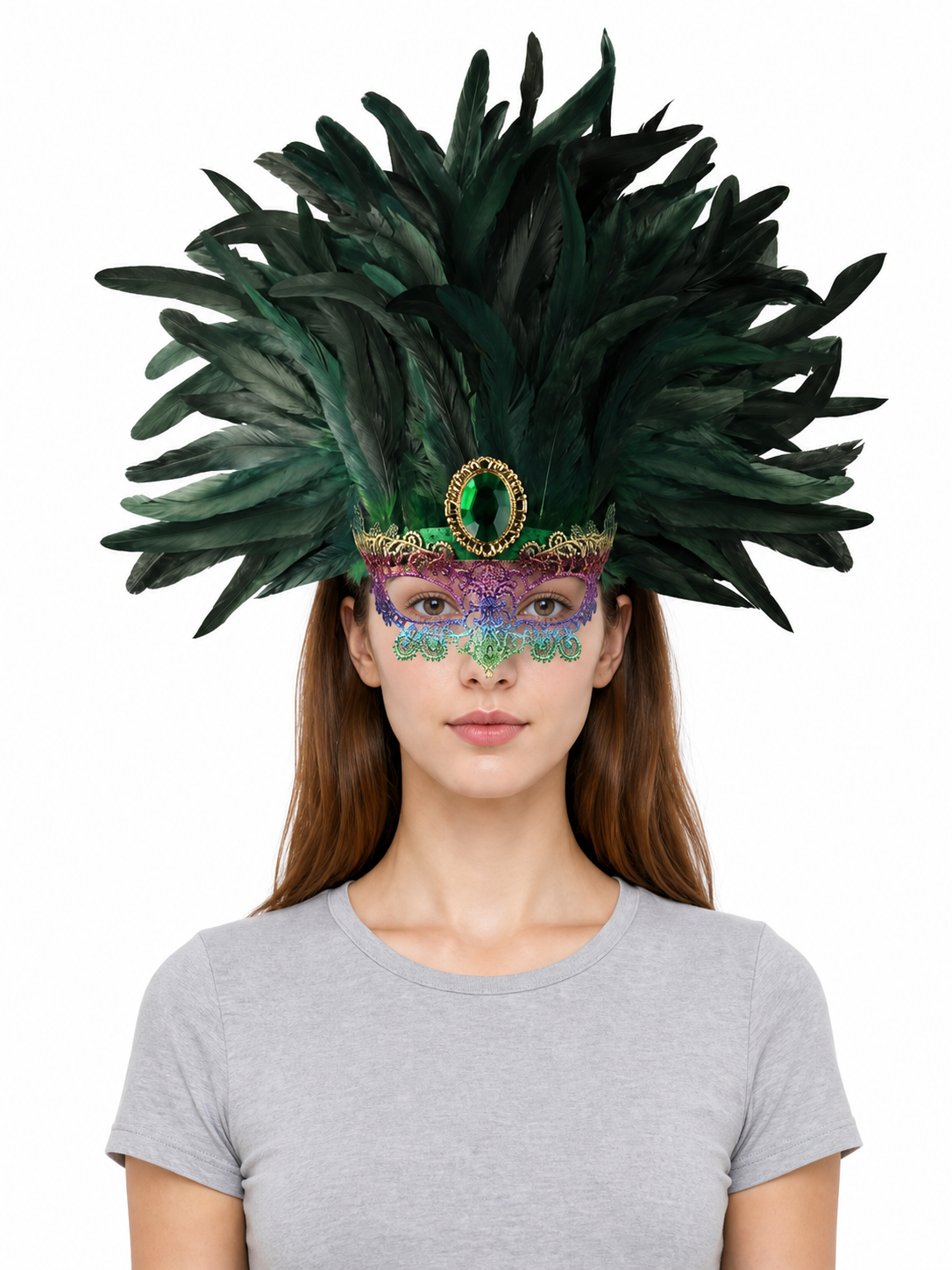 Masquerade headdress with green feathers