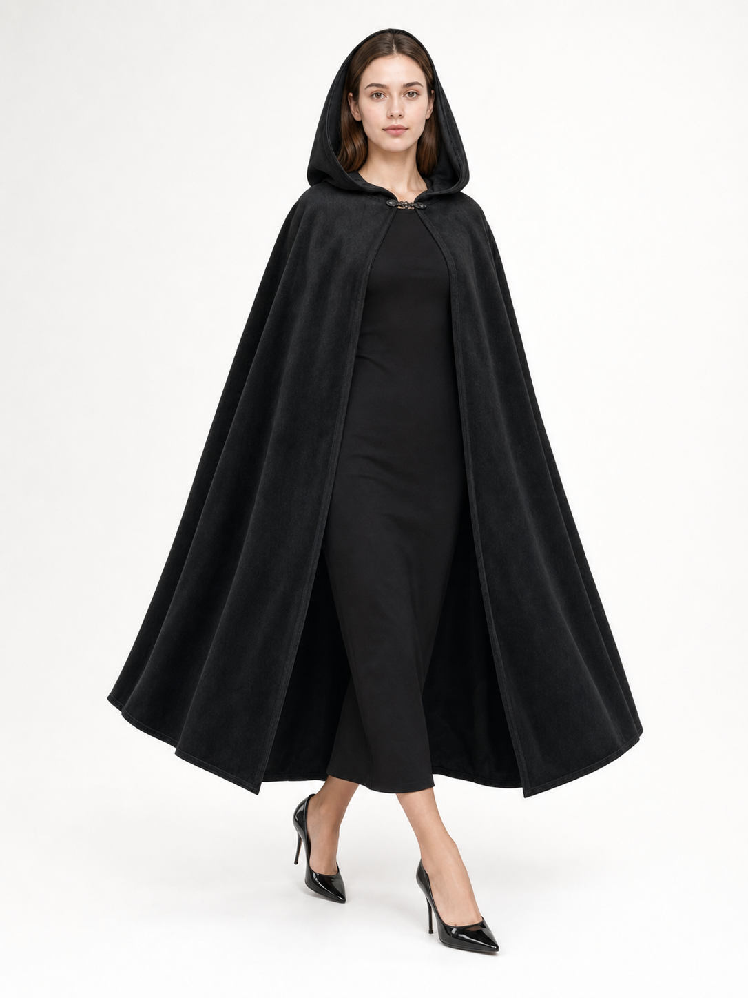 Black medieval hooded carnival cloak