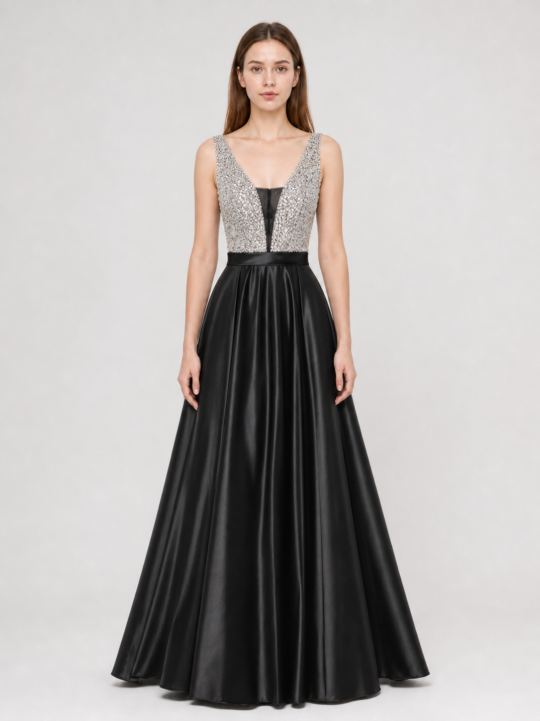 Long Evening Dress with a Deep V-Neckline
