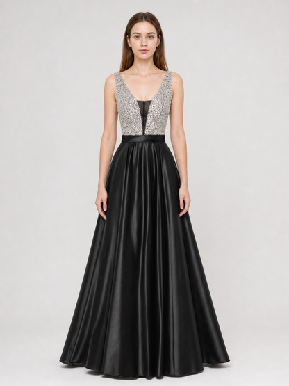 Long Evening Dress with a Deep V-Neckline