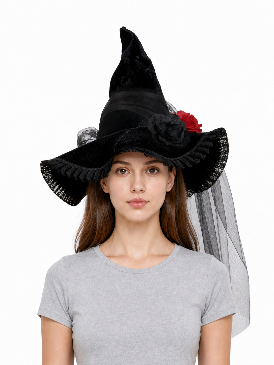 Black Halloween Witch Hat with Red Rose, Wide Brim, Tall Pointed Crown and Sheer Veil for Costume Parties and Photo Shoots