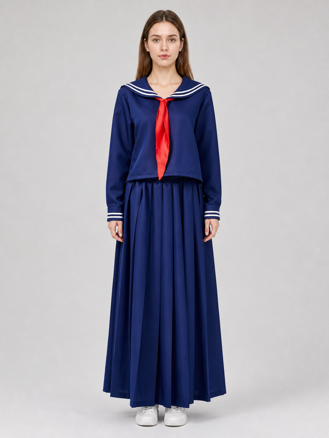 Sailor-style costume with a long pleated skirt