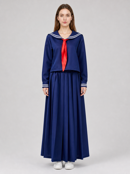 Sailor-style costume with a long pleated skirt