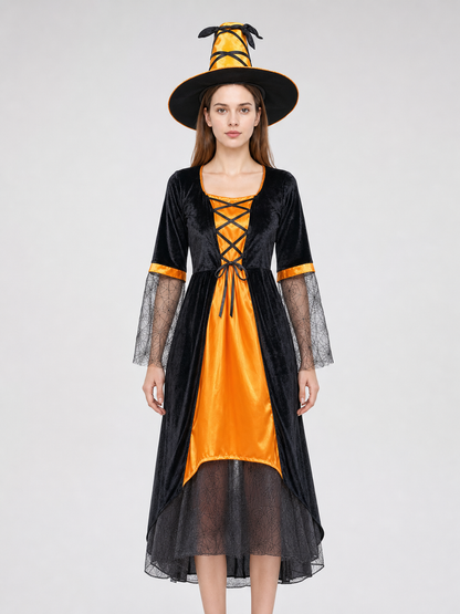 This Halloween costume includes a long dress and a pointed hat. The dress is in a black-and-orange color scheme: the center features a bright orange panel, and the black outer layer has a flared hem. The semi-sheer sleeves are decorated wit