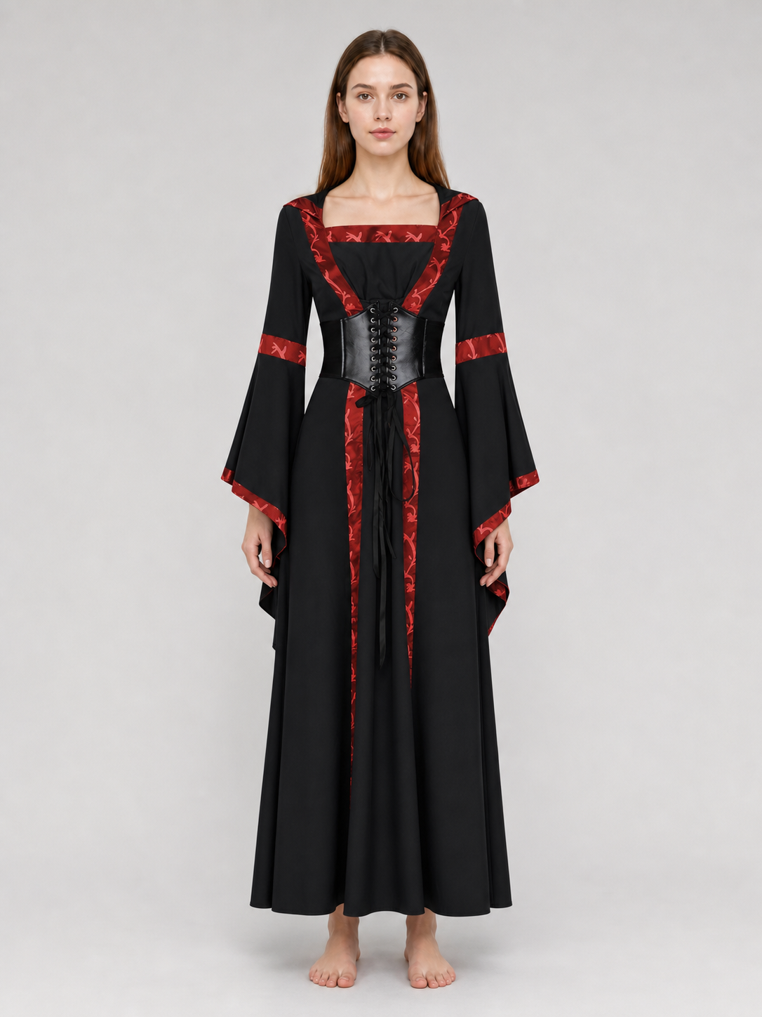 Black Gothic Hooded Dress with Lace-Up Detail