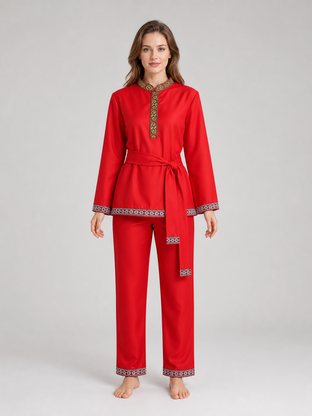 Red Tunic with Ornament, Stand-Up Collar, and Belt