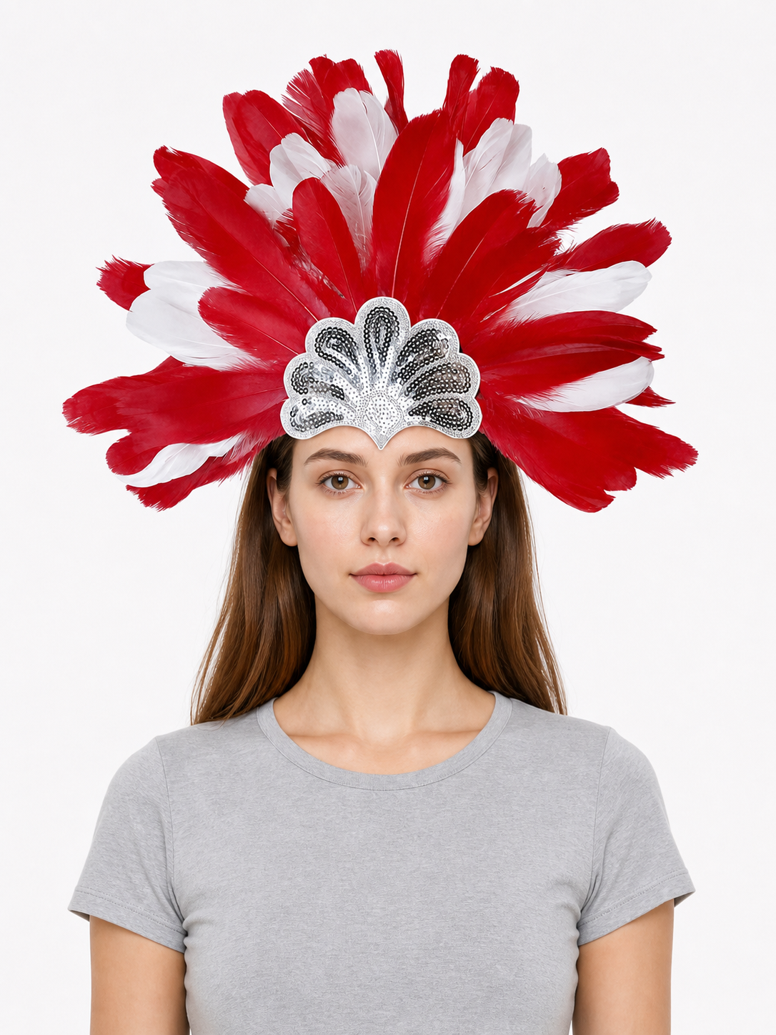 Carnival Headpiece with Red and White Feathers