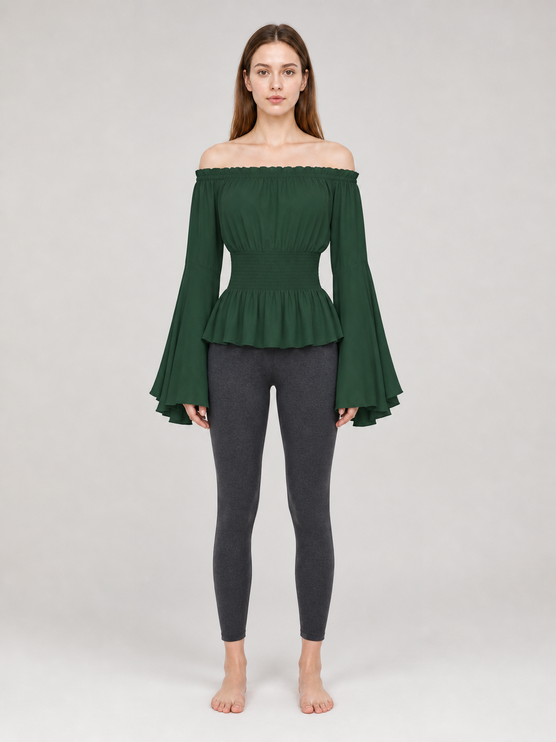 Dark Green Off-the-Shoulder Peplum Blouse