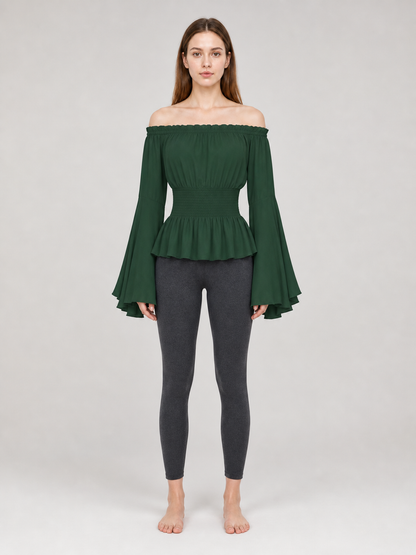 Dark Green Off-the-Shoulder Peplum Blouse