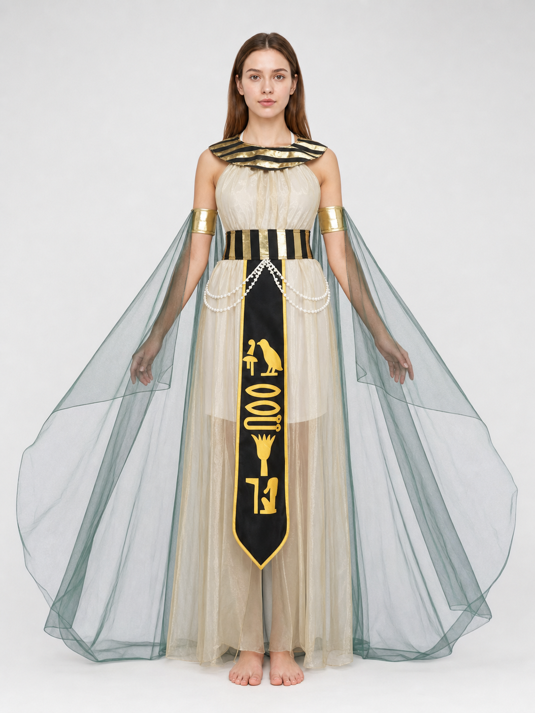 Women’s Egyptian Pharaoh Queen Halloween Cosplay Dress Set with Headpiece, Belt, Arm Accessories and Draped Sleeves for Stage Performance