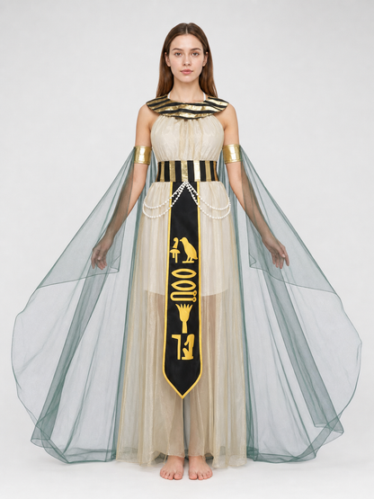 Women’s Egyptian Pharaoh Queen Halloween Cosplay Dress Set with Headpiece, Belt, Arm Accessories and Draped Sleeves for Stage Performance