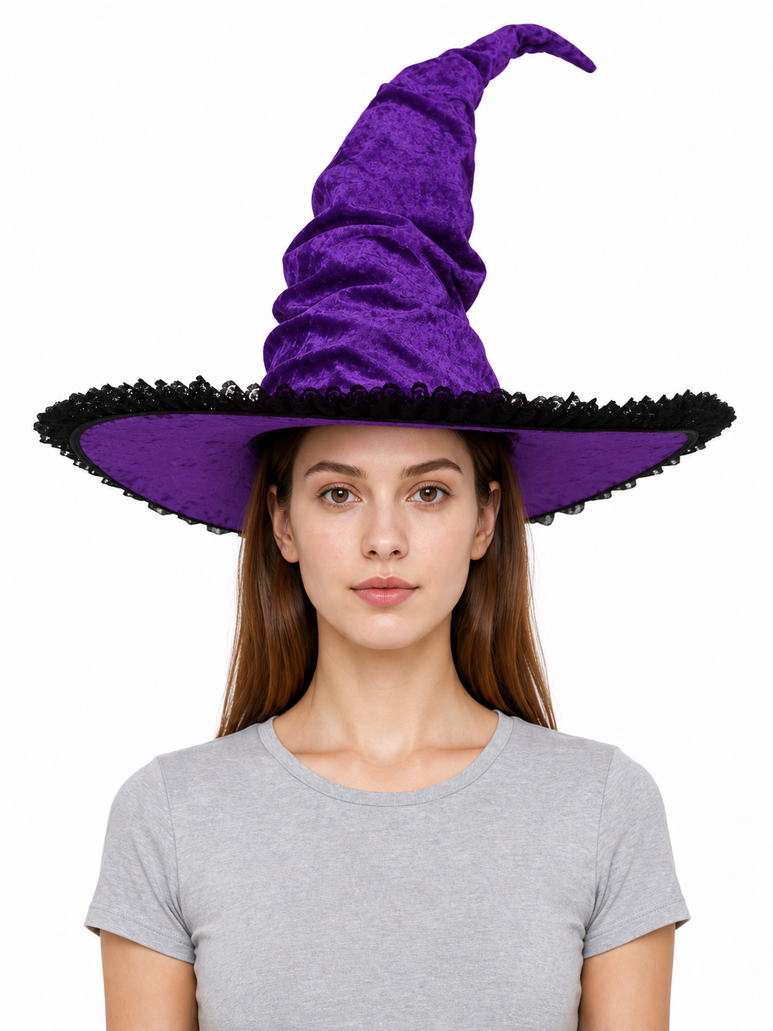 Halloween Witch Hat, Tall Curved Pointed Crown, Wide Irregular Brim, Deep Purple Gothic Style with Black Trim for Cosplay and Themed Parties