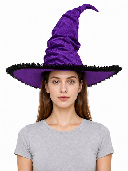 Halloween Witch Hat, Tall Curved Pointed Crown, Wide Irregular Brim, Deep Purple Gothic Style with Black Trim for Cosplay and Themed Parties