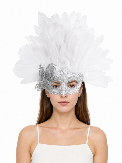 Carnival mask with white feathers and embellishments