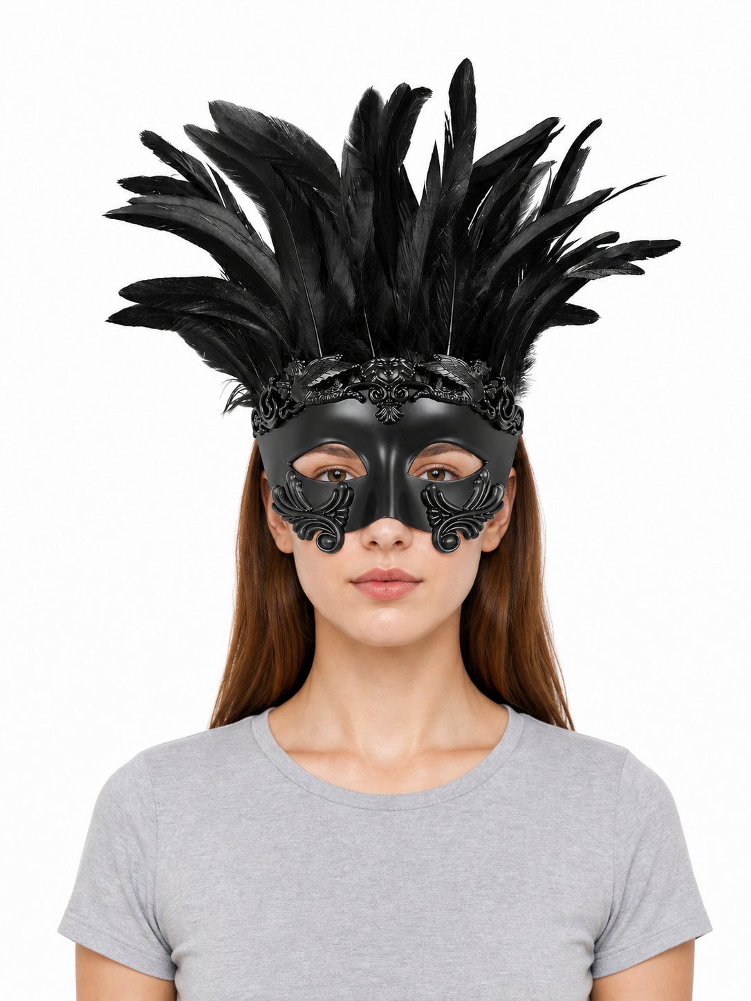 Baroque-Style Carnival Mask with Black Feathers front view