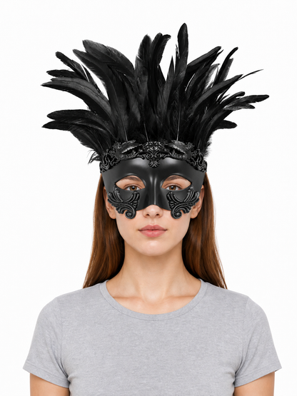 Baroque-Style Carnival Mask with Black Feathers front view