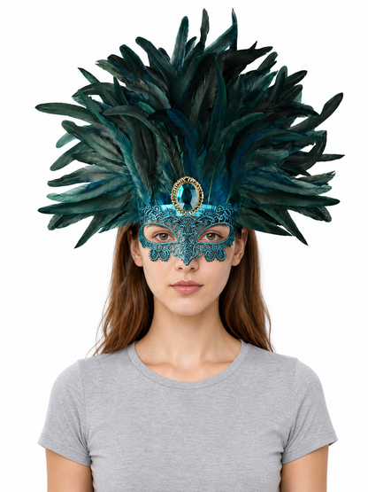 Carnival headpiece with feathers and a mask