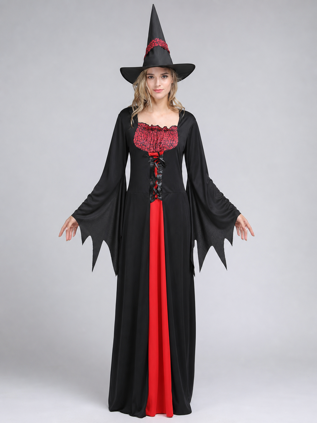 Halloween Witch Costume with Long Dress and Hat front view 3