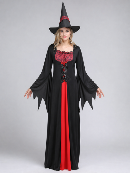 Halloween Witch Costume with Long Dress and Hat front view 3