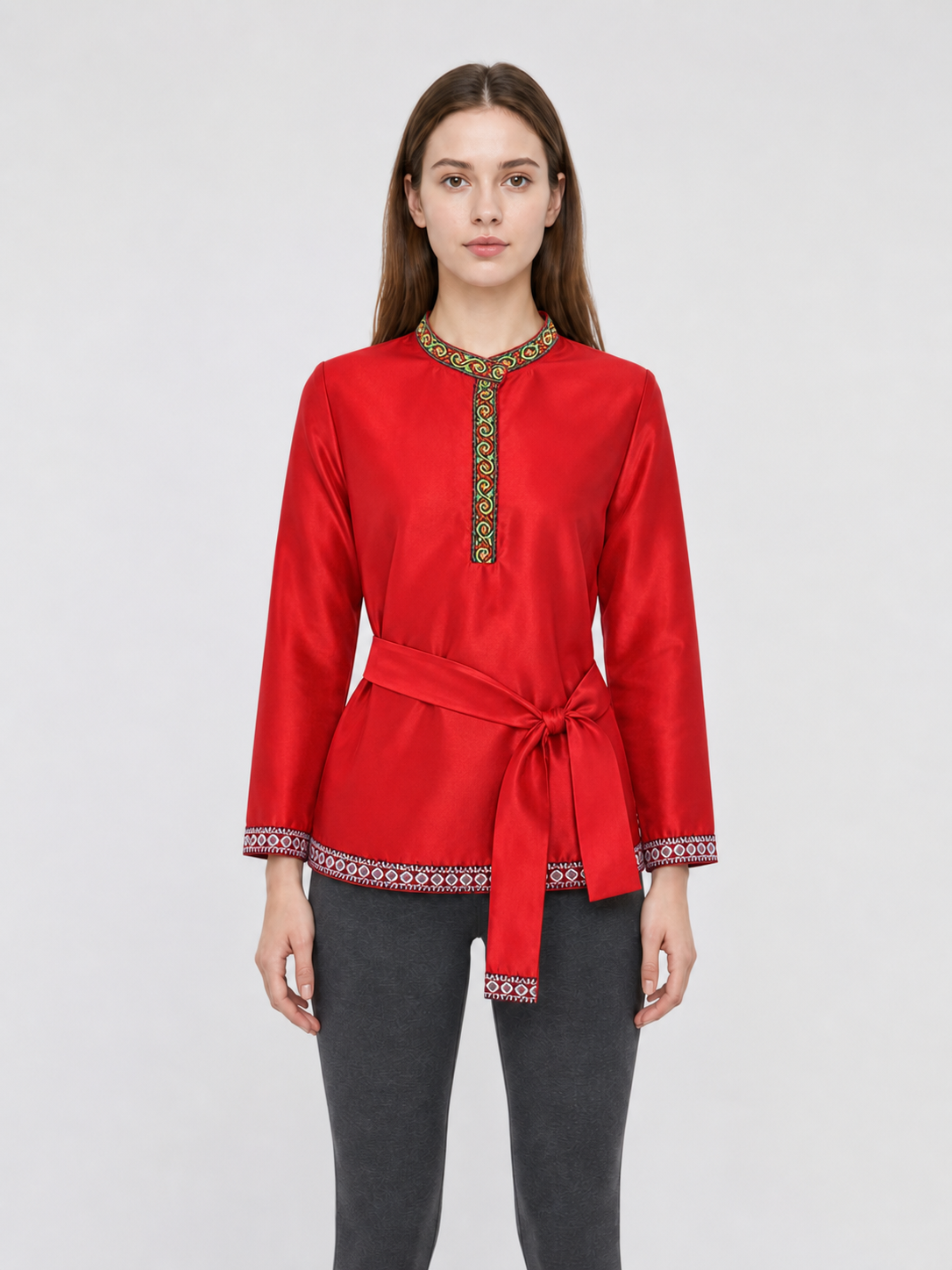 Red Tunic with Ornament, Stand-Up Collar, and Belt