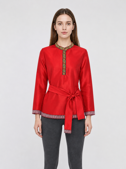 Red Tunic with Ornament, Stand-Up Collar, and Belt
