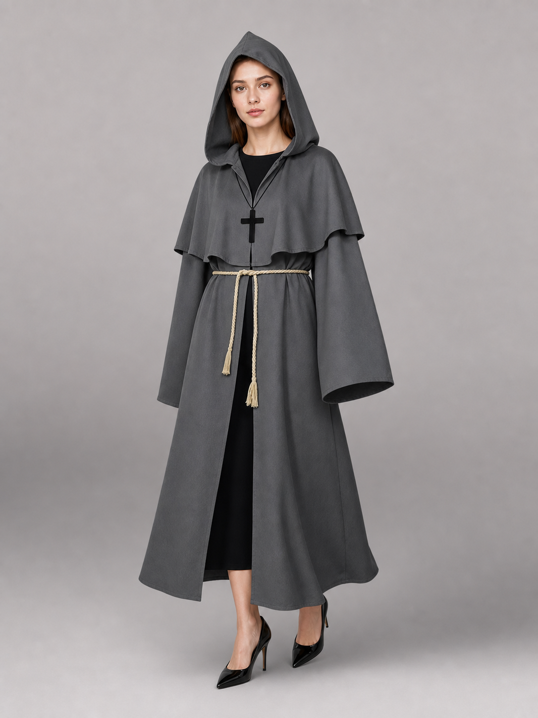 Gray Medieval Hooded Costume Cloak