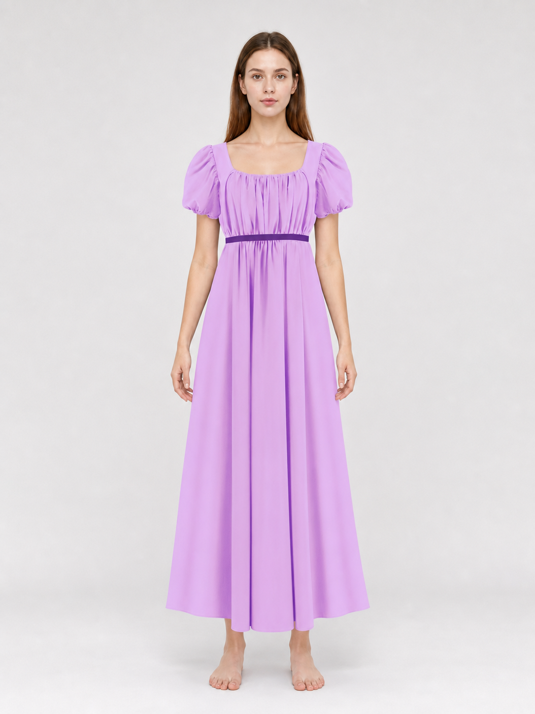 Regency-Style Dress with a Belt and Puff Sleeves