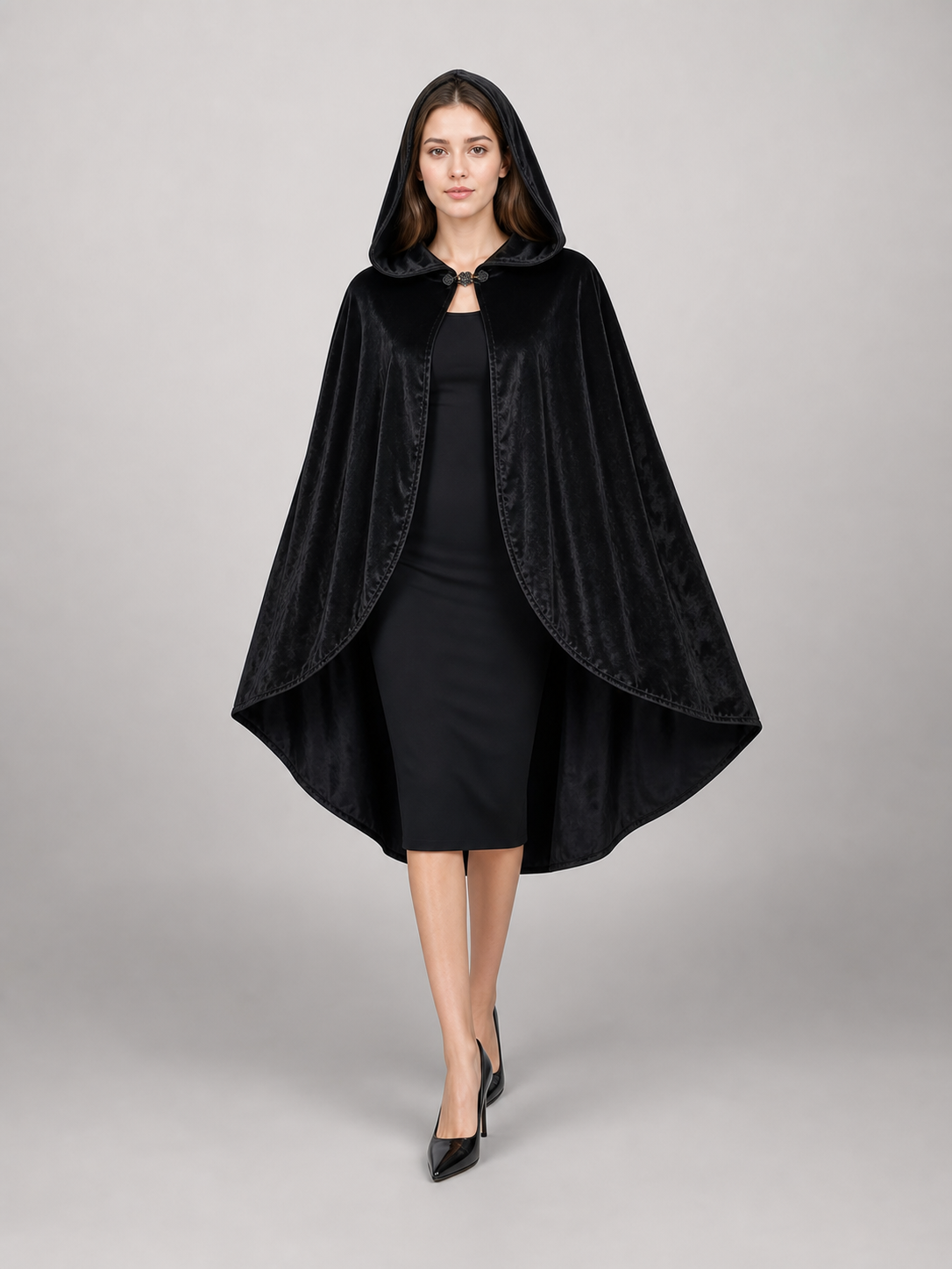 Black Hooded Carnival Cape, Flowing