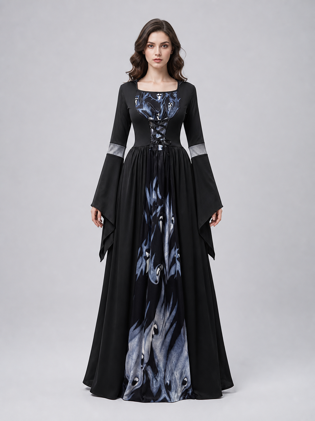 Gothic cosplay dress with hood and skulls