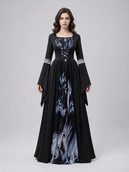 Gothic cosplay dress with hood and skulls