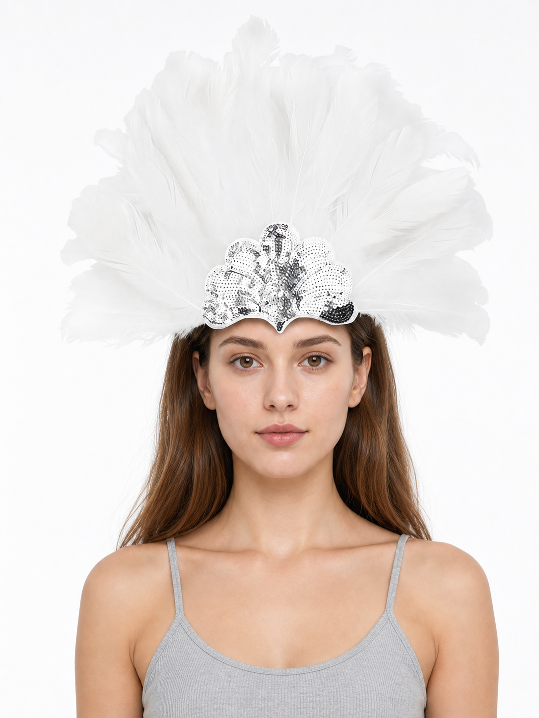 White Feather Carnival Headband with Silver Sequins product view 18